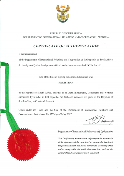 DIRCO Document Authentication Certificate For use in Vietnam
