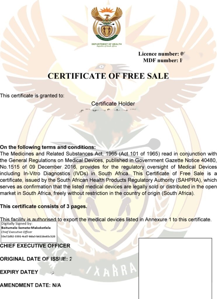 Certificate of Free Sale and  Apostille Certificate in South Africa